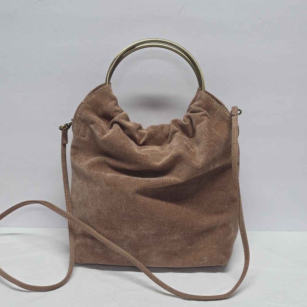Street Level Womens Faux Suede Ring Hoop Handles Bag Shimmering Tan Crossbody